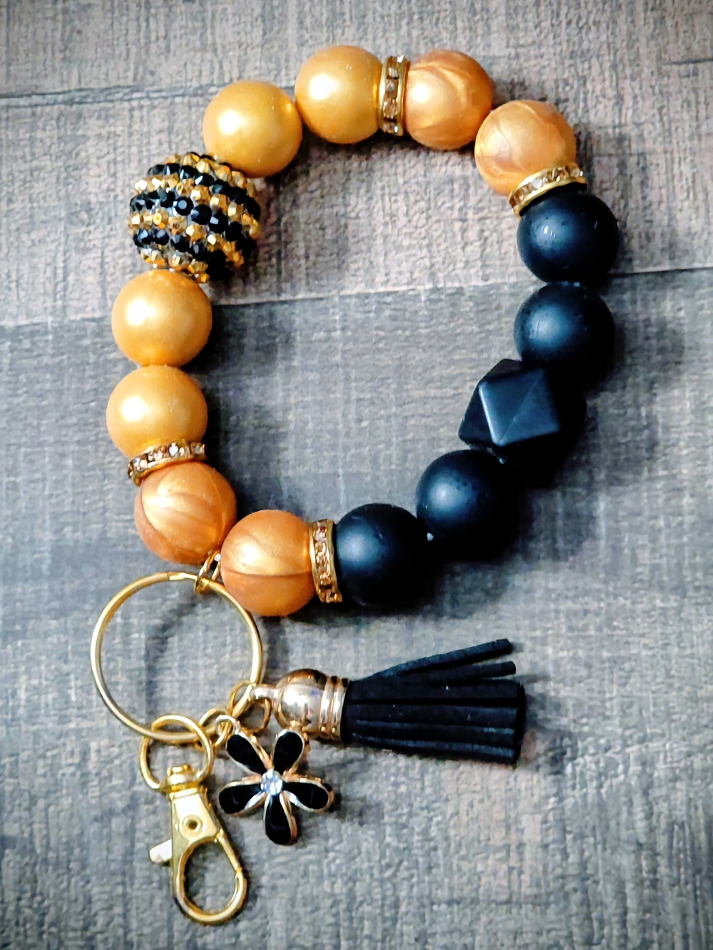 Black and Gold Beaded Charm Keychain Wristlet